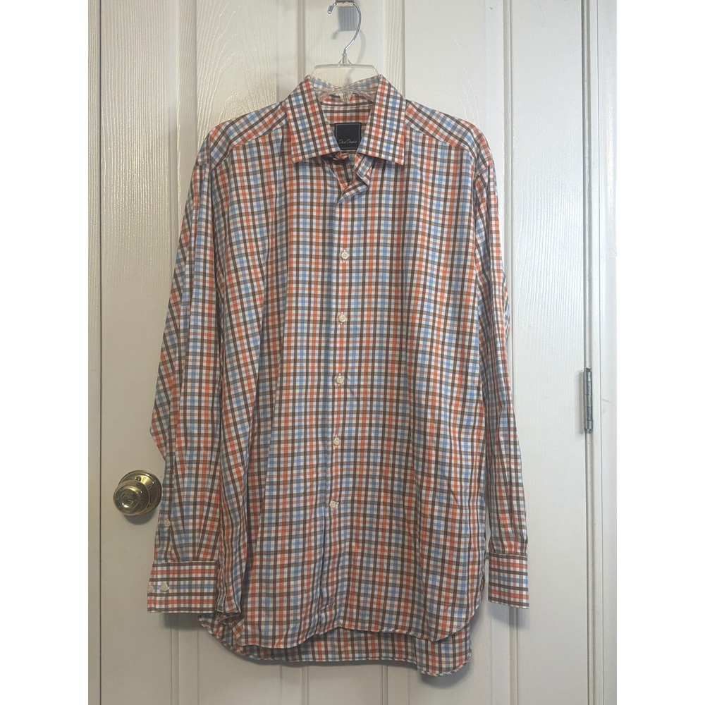 David Donahue Mens 16.5 34/35 Cotton Dress Shirt Orange Blue Check Plaid